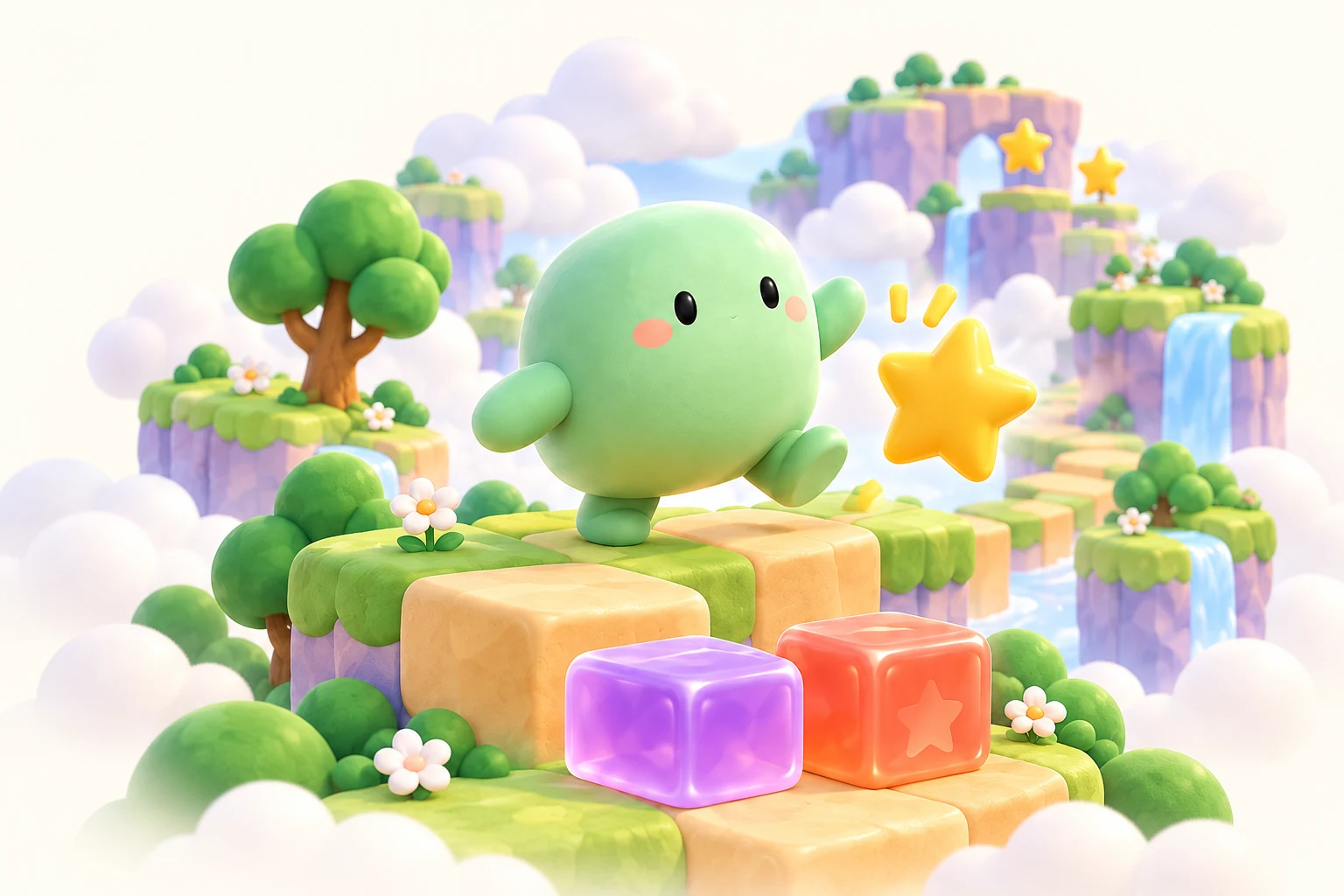 An original mint-green character exploring a colorful world of puzzle blocks, grassy platforms, and golden stars